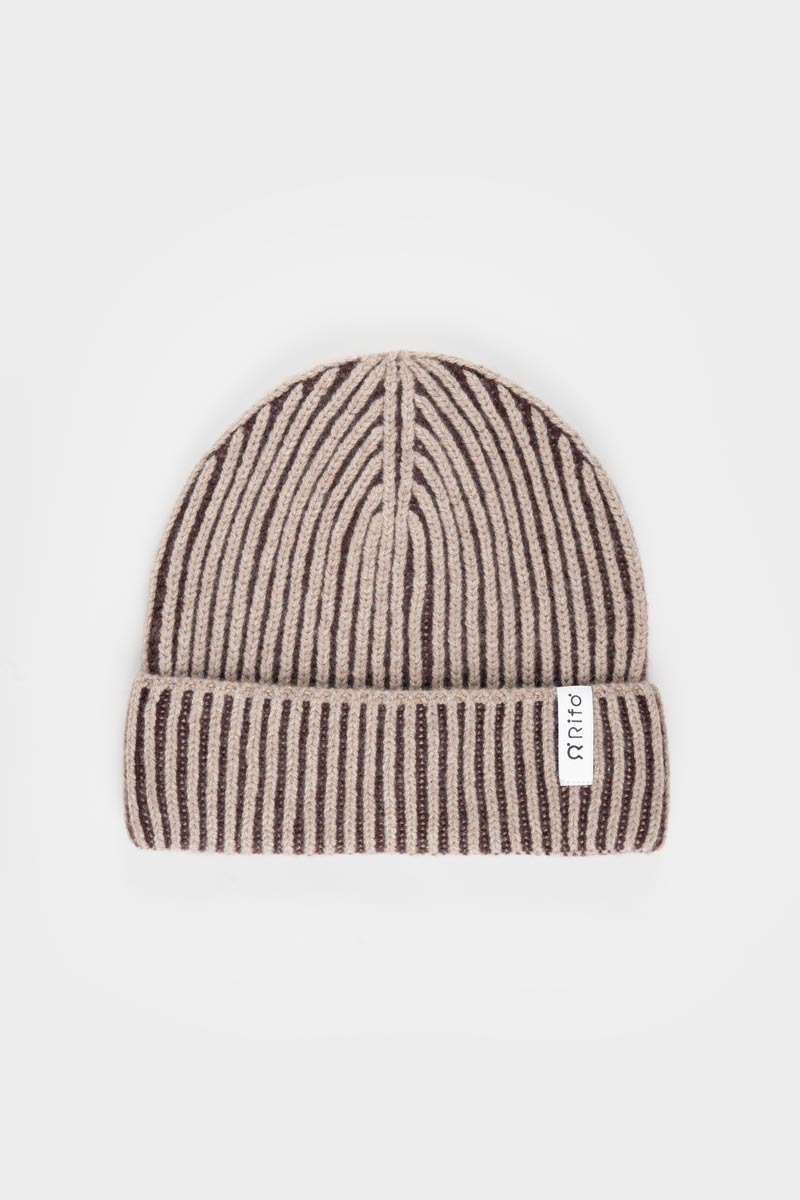 Beanie Cappello Uomo e Donna Cashmere Beige Marrone Teo - Rifò Lab Moda circolare made in Italy