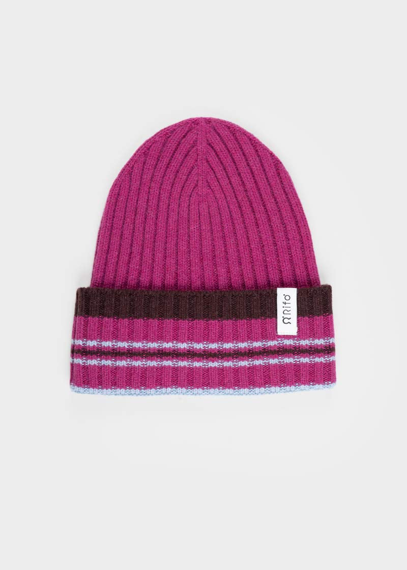 Cappello Cashmere Beanie Invernale a Righe Fucsia Mira - Rifò Lab Moda circolare made in Italy