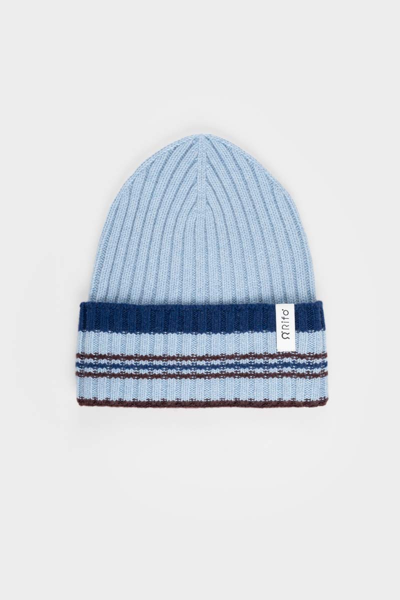 Cappello Cashmere Beanie Invernale a Righe Azzurro Mira - Rifò Lab Moda circolare made in Italy