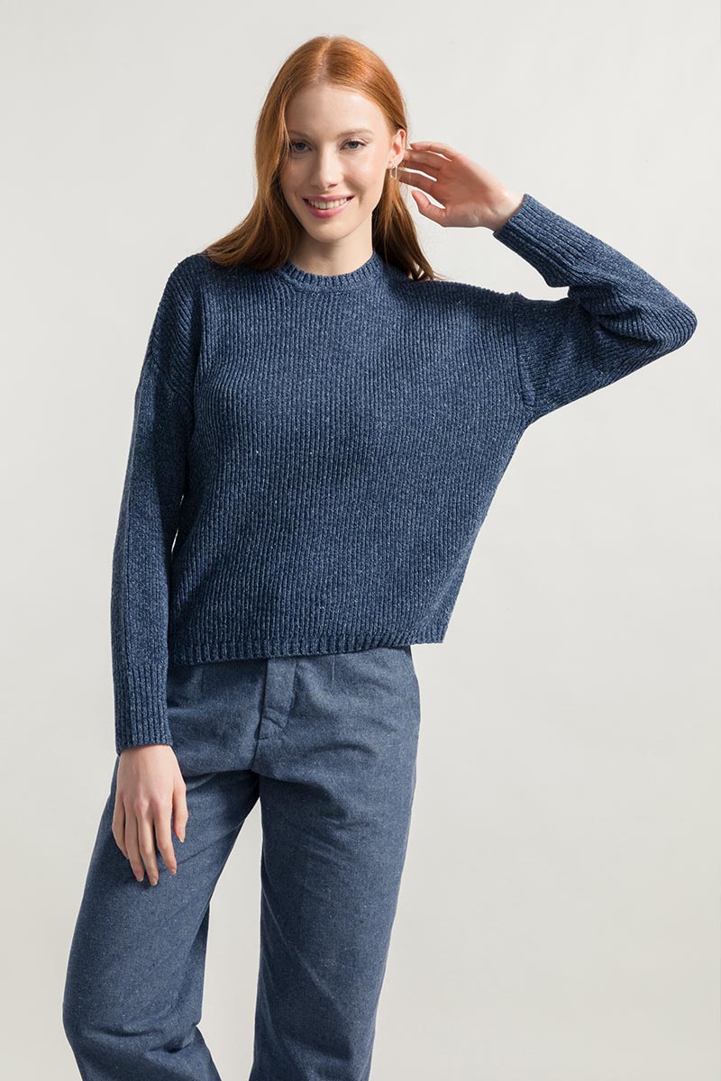 Chanteclaire Blu Baltico | Maglioncino cotone jeans rigenerato paricollo