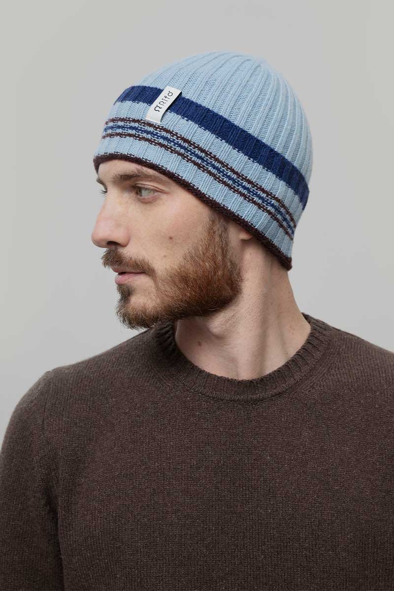 Cappello Cashmere Beanie Invernale a Righe Azzurro Mira - Rifò Lab Moda circolare made in Italy