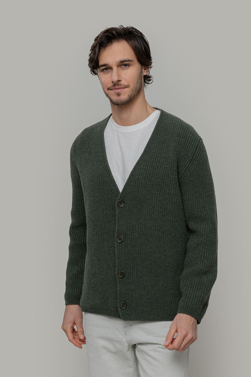 Cardigan Unisex Lana Rigenerata Cleto Verde Foresta - Rifò Lab Moda circolare made in Italy