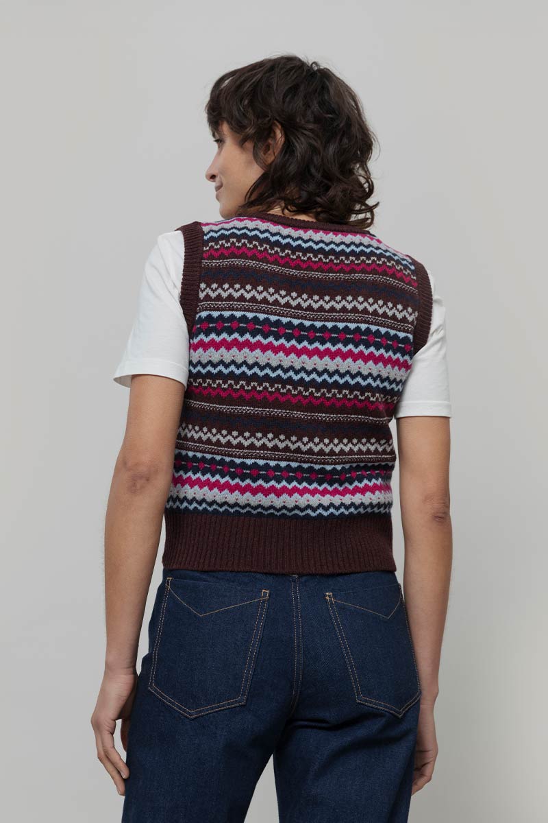 Gilet Lana Donna in Maglia Fanatasia Jacquard Stile Norvegese Simonetta  - Rifò Lab Moda circolare made in Italy
