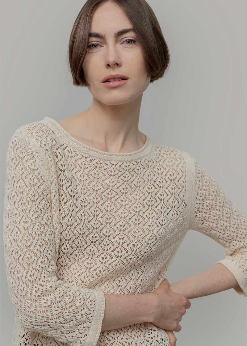 Maglia Traforata Donna Maglia Cotone Crochet Carmen - Rifò Lab Moda circolare made in Italy
