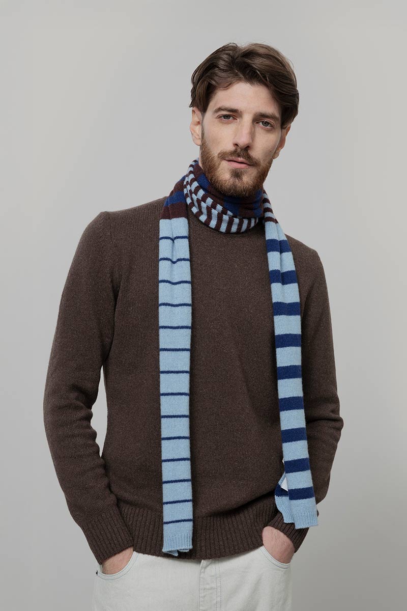 Sciarpa Cashmere Sottile a Righe Azzurro Rino - Rifò Lab Moda circolare made in Italy
