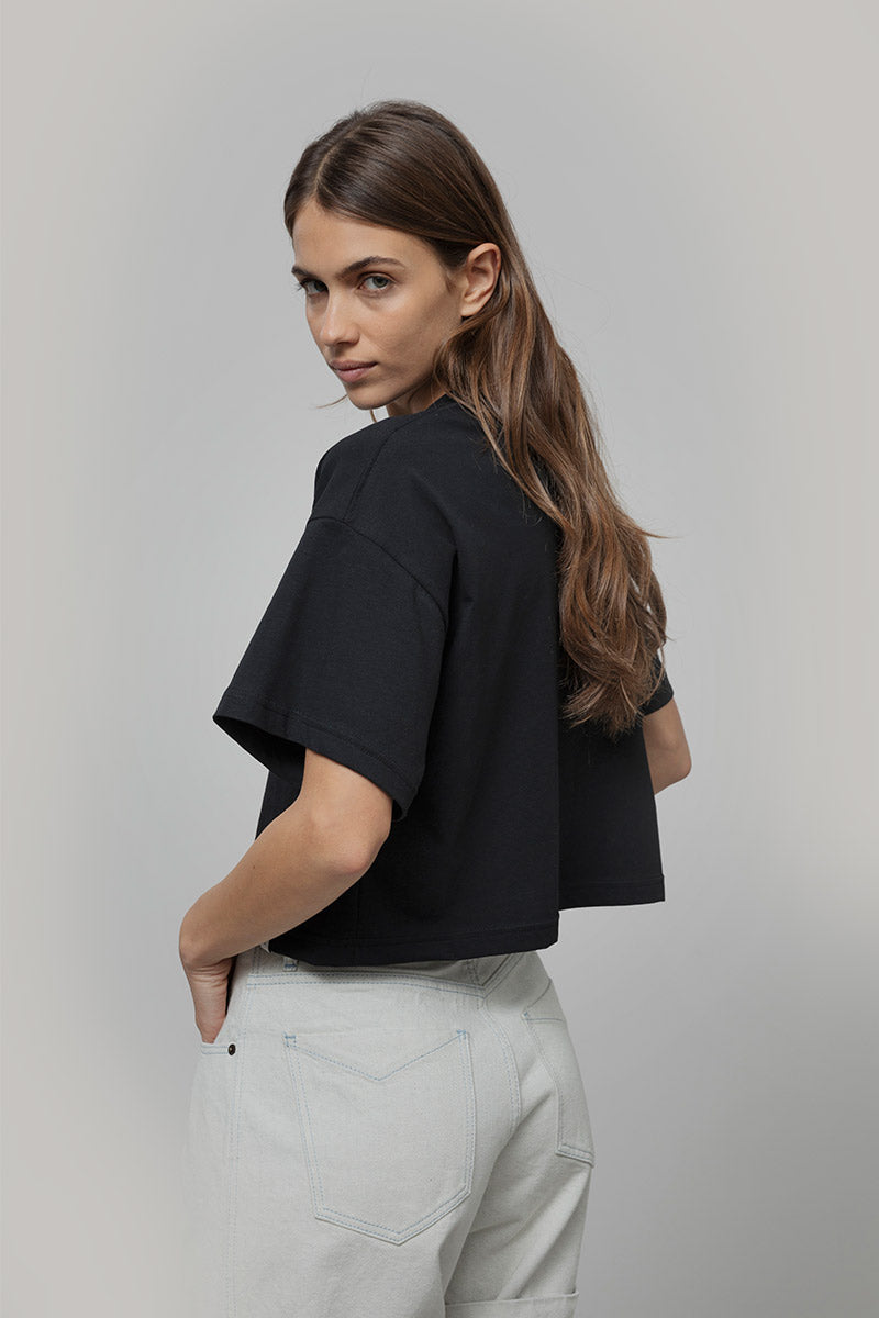 T Shirt Crop Top Donna Cotone Rigenerato Nera Alessia - Rifò