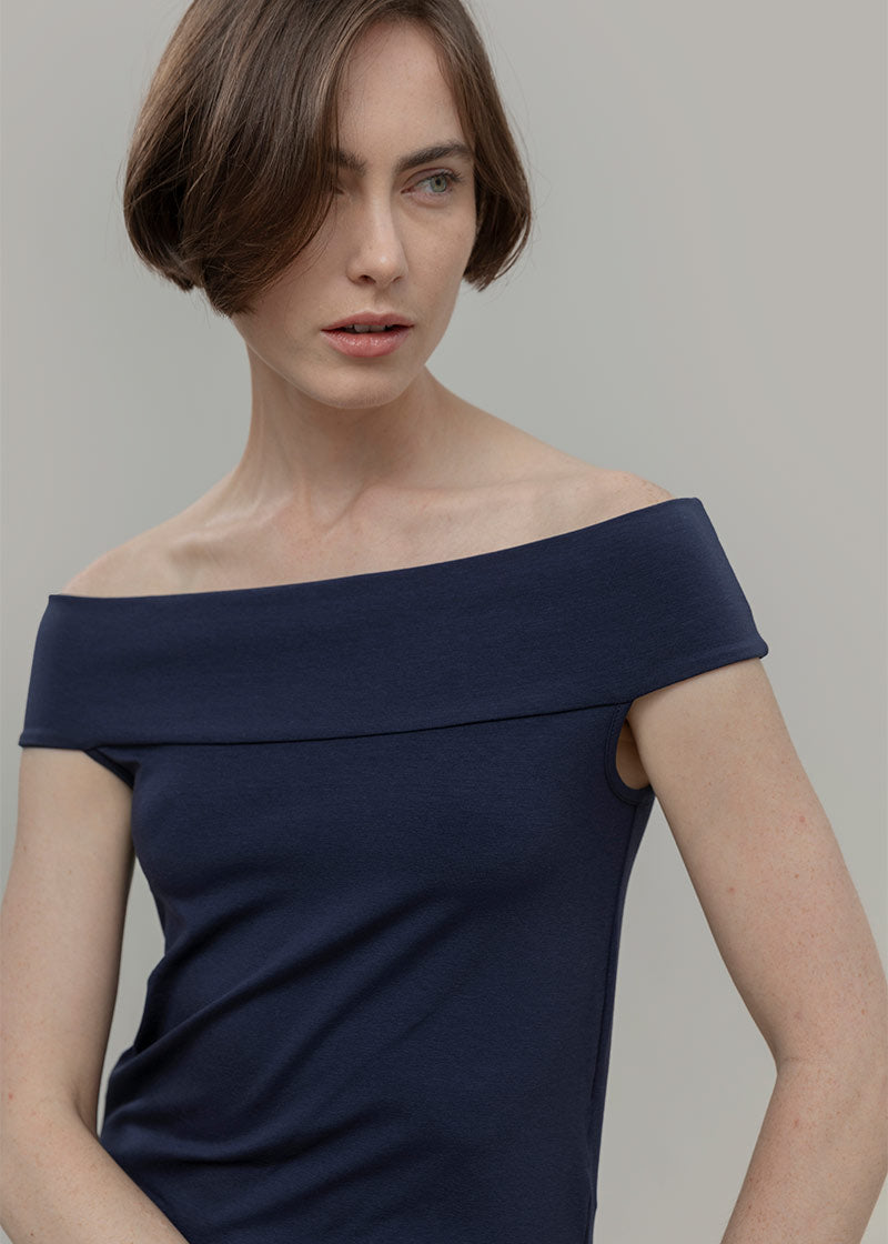 Top Spalle Scoperte Scollo Bardot Viscosa Blu Rosalia - Rifò Lab Moda circolare made in Italy